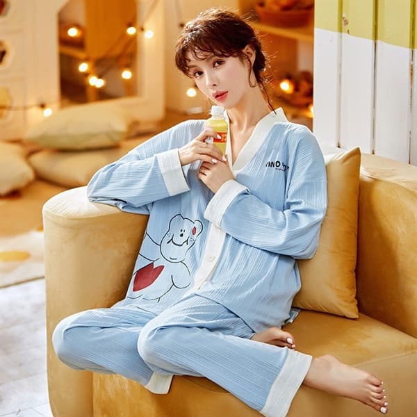 Bộ cotton dài tay cổ v - xanh biển gấu