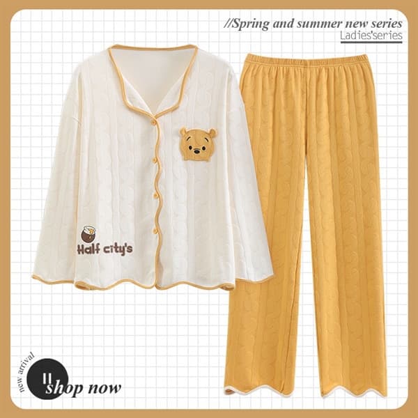 Bộ cotton dài tay cổ bẻ gấu hney quần vàng 6354