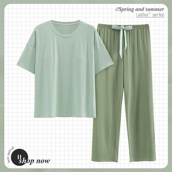 Bộ áo cộc quần dài cotton xanh bơ 23370