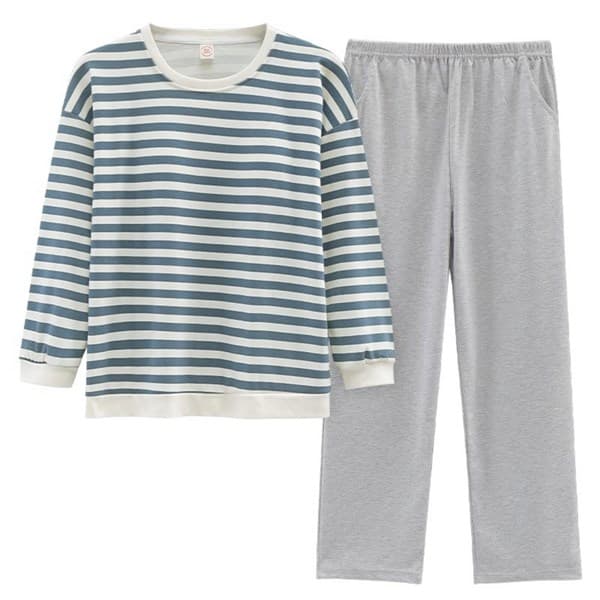 Bộ cotton đệm ngực cổ tròn kẻ xanh