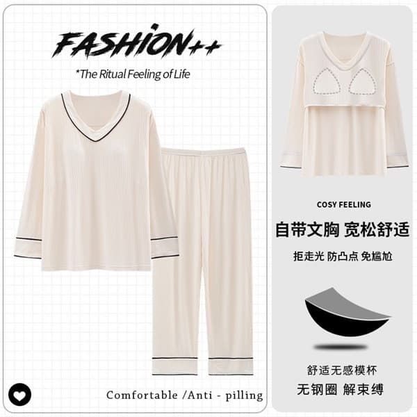 Bộ cotton dài tay đệm ngực - trắng cổ tim
