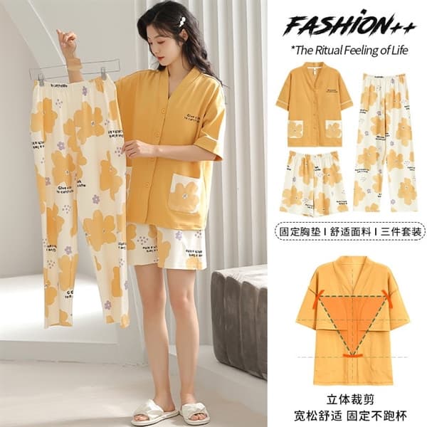 Set 3 món cotton cổ v quần short + quần dài