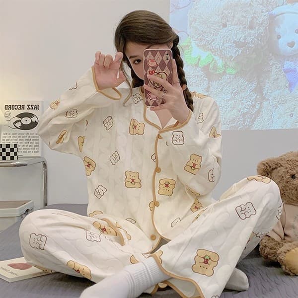Bộ cotton dài tay cổ bẻ gấu ôm dâu vàng 5468