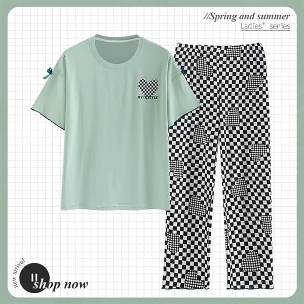 Bộ áo cộc quần dài cotton xanh trái tim 23368