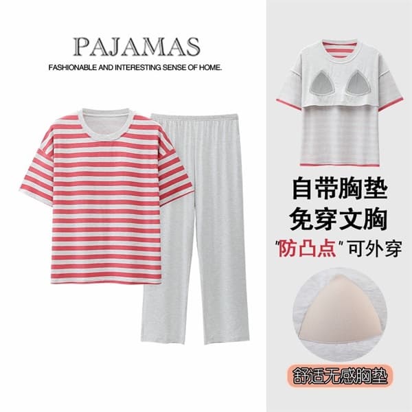 Bộ cotton áo cộc quần dài đệm ngực kẻ đỏ 23072