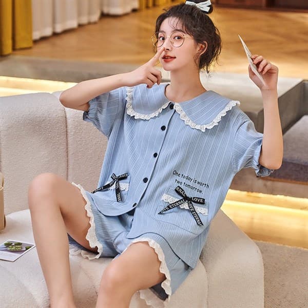 Bộ cotton áo cộc quần short - xanh nơ túi 1740