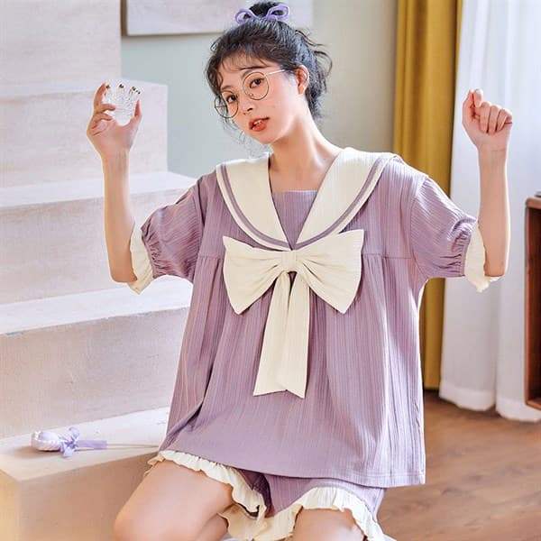 Bộ cotton thuỷ thủ - tím nơ 506