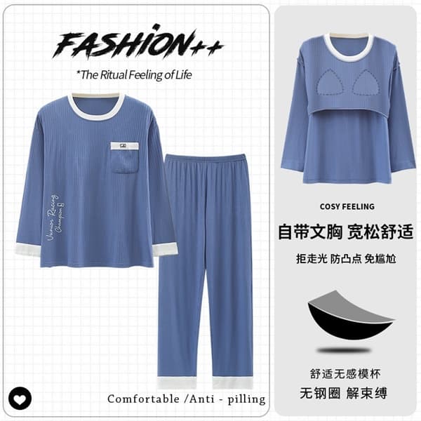 Bộ cotton dài tay đệm ngực xanh biển cổ trắng 2110