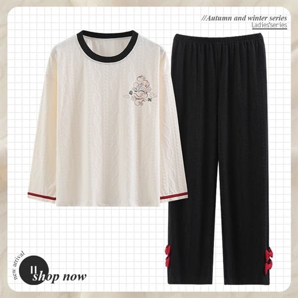 Bộ cotton dài tay cổ tròn - quần đen nơ đỏ