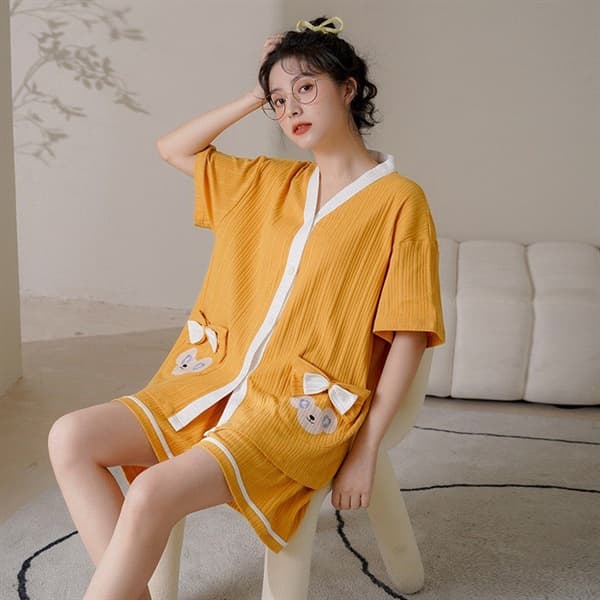 Bộ cotton cổ v cộc - vàng
