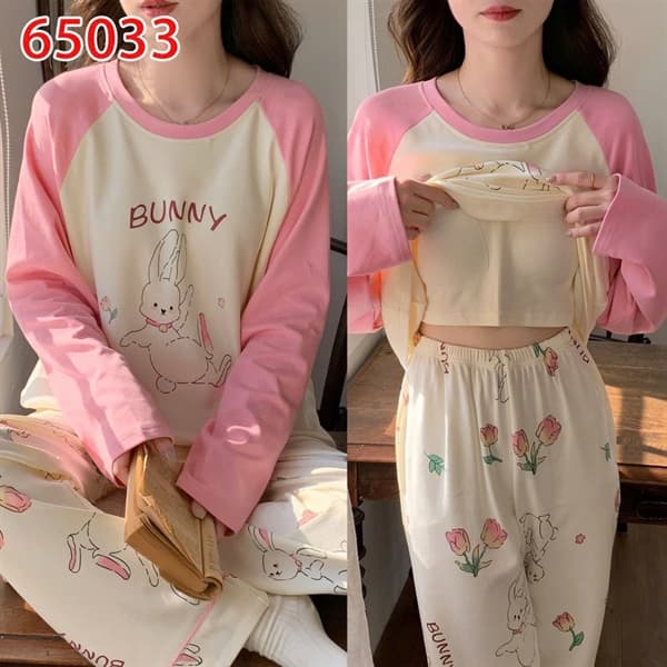 Bộ mặc nhà dài tay cổ tròn có đệm ngực cotton