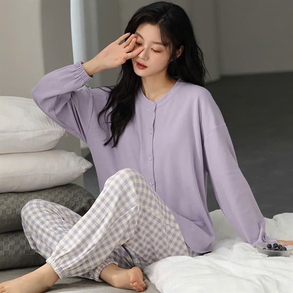 Bộ mặc nhà dài tay cài khuy cổ tròn 100% cotton