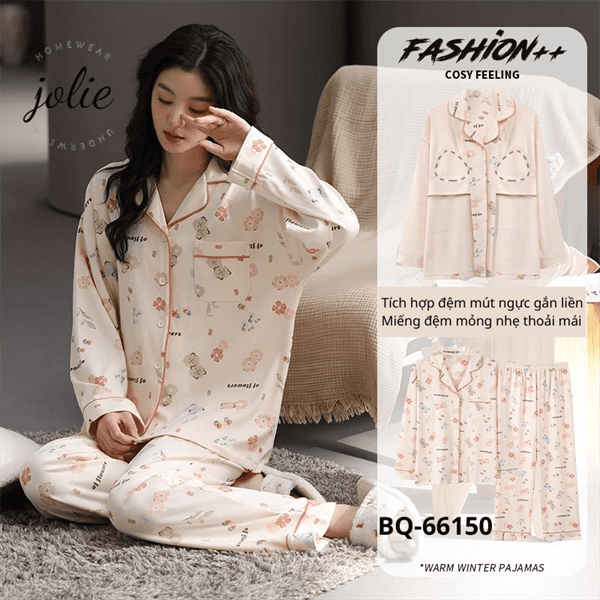 Bộ tay dài cổ bẻ v cài khuy cotton có đệm ngực