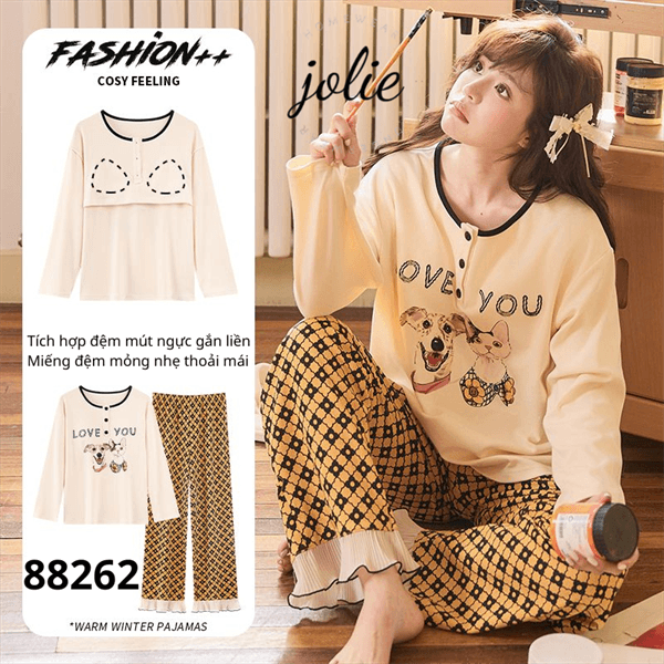 Bộ tay dài cổ tròn cotton có đệm ngực