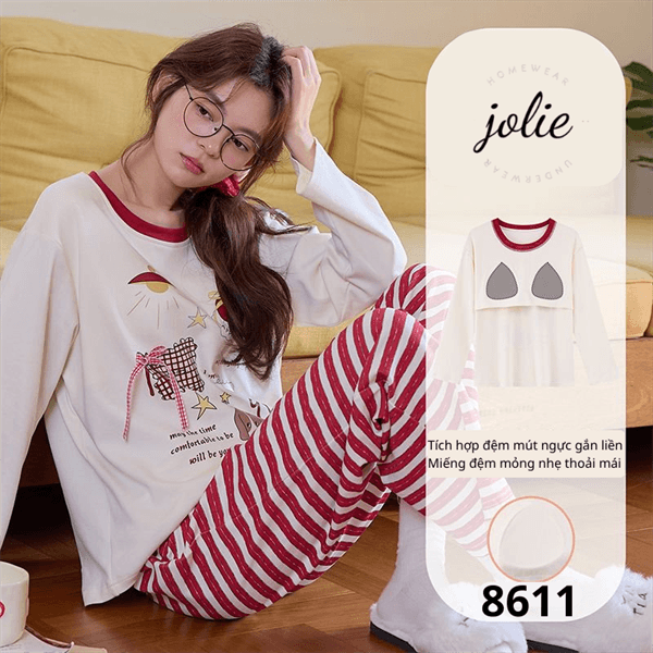 Bộ dài tay cotton có đệm ngực cổ tròn