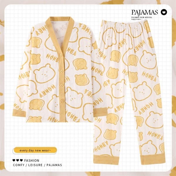 Bộ cotton dài tay cổ chữ v - vàng gấu honey