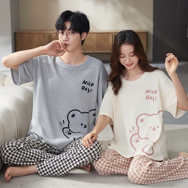 Bộ đôi cotton áo cộc quần dài nam - gấu xám 3502