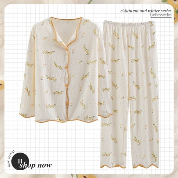 Bộ cotton cổ bẻ - hoa viền vàng