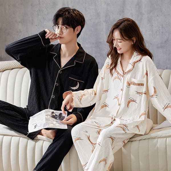 Bộ đôi cotton dài tay nữ - trắng viền nâu