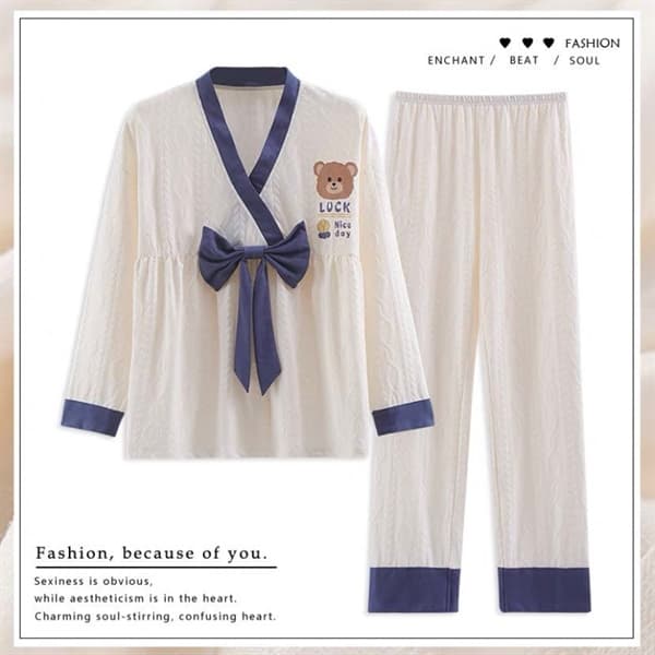 Bộ cotton dài tay cổ v - viền xanh nơ