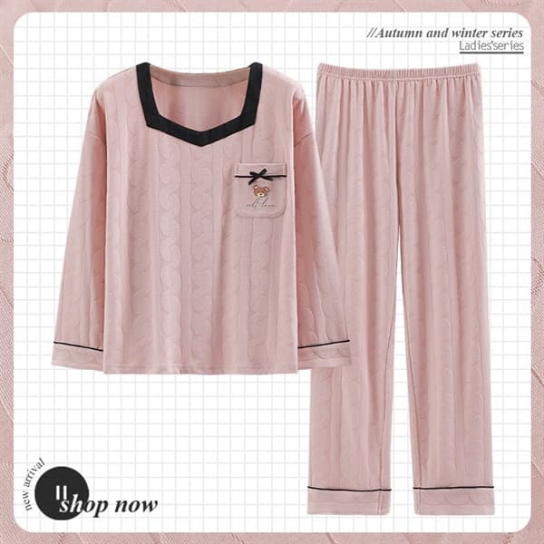 Bộ cotton dài tay cổ v - hồng cổ viền đen