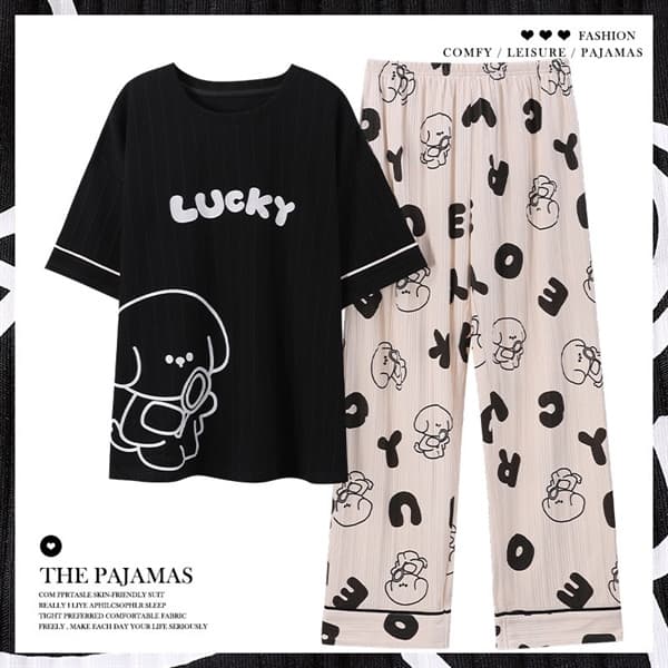 Bộ áo cộc quần dài cổ tròn - đen lucky