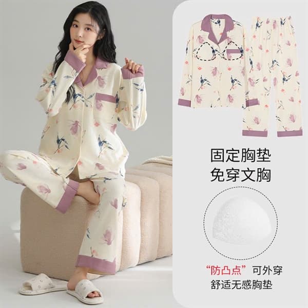 Bộ mặc nhà có đệm ngực dài tay 100% cotton