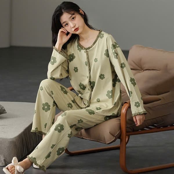 Bộ mặc nhà dài tay cài khuy cổ tròn 100% cotton