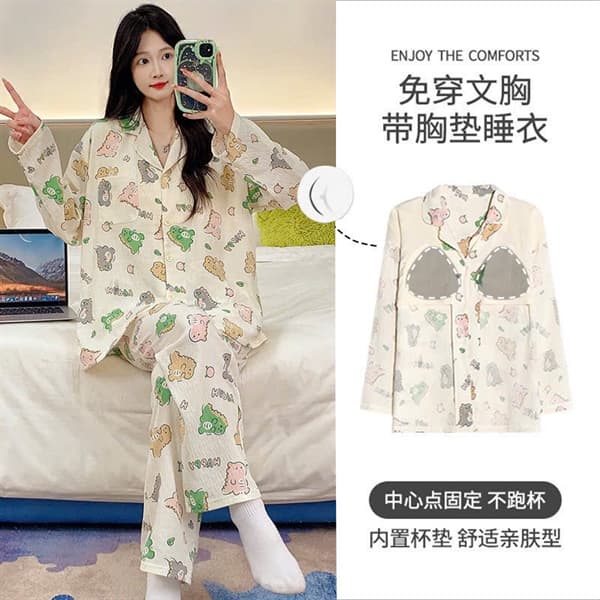 Bộ pijama có đệm ngực dài tay cotton