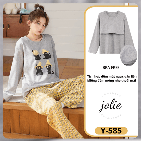 Bộ tay dài cổ tròn cotton có đệm ngực