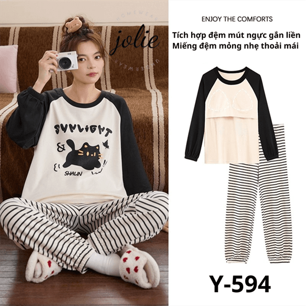 Bộ tay dài cổ tròn cotton có đệm ngực