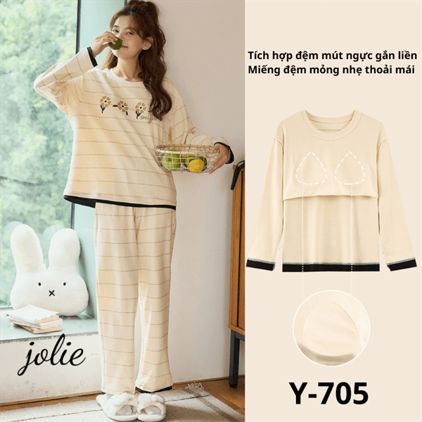 Bộ tay dài cổ tròn cotton có đệm ngực