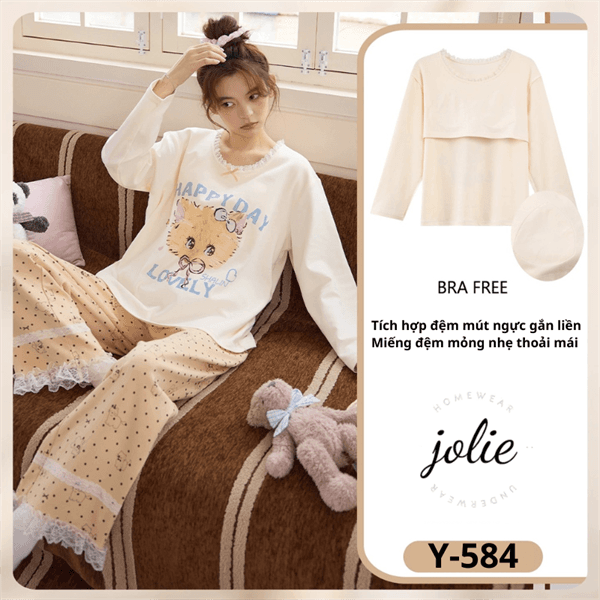 Bộ tay dài cổ tròn cotton có đệm ngực