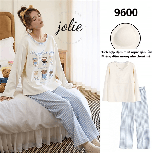 Bộ cổ tròn dài tay cotton 100% có đệm ngưc