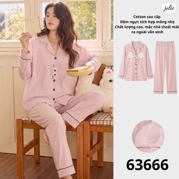 Bộ đồ ngủ dài tay pijama cotton có đệm ngực