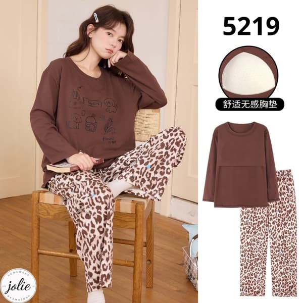 Bộ đồ ngủ dài tay cổ tròn cotton có đệm ngực