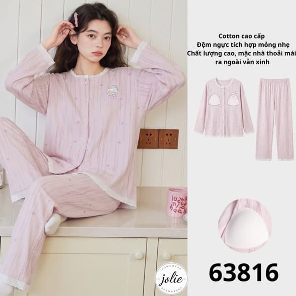 Bộ đồ ngủ dài tay cổ tròn có khuy cotton, đệm ngực