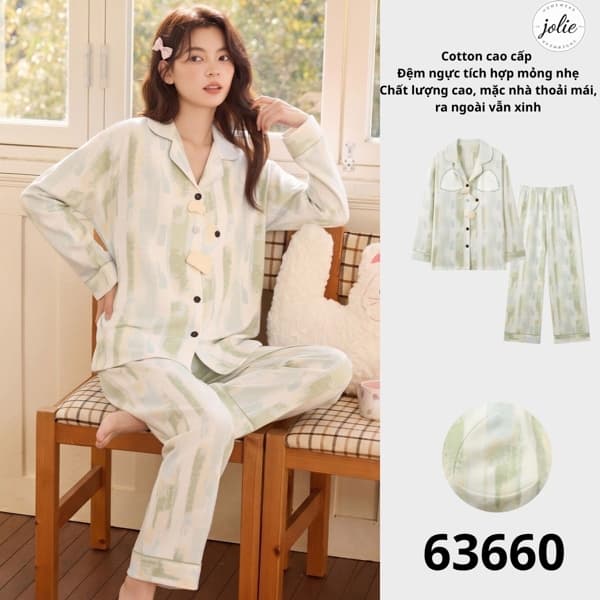 Bộ đồ ngủ dài tay pijama cotton có đệm ngực
