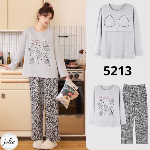 Bộ đồ ngủ dài tay cổ tròn cotton có đệm ngực