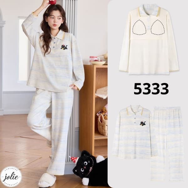 Bộ đồ ngủ dài tay có cổ cotton có đệm ngực