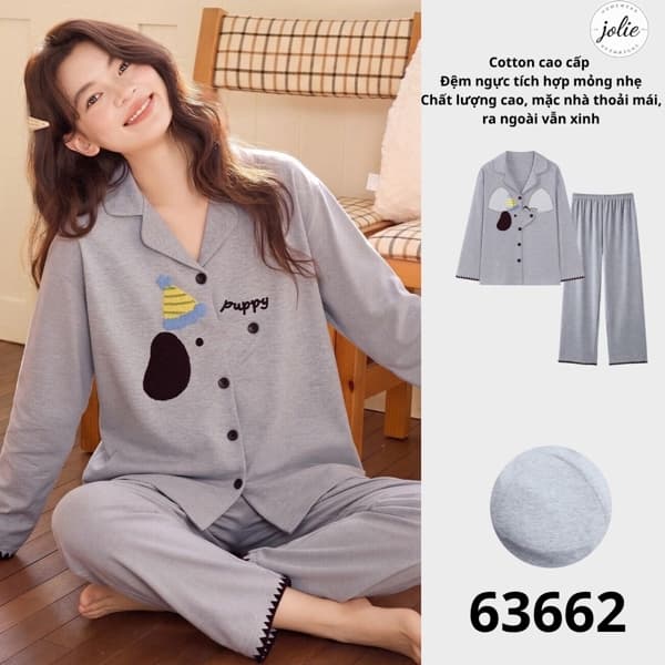 Bộ đồ ngủ dài tay pijama cotton có đệm ngực