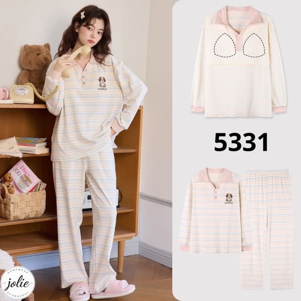 Bộ đồ ngủ dài tay có cổ cotton có đệm ngực