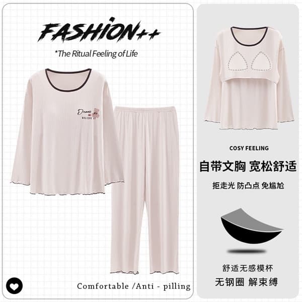 Bộ cotton dài tay đệm ngực cổ tròn viền nâu 2105