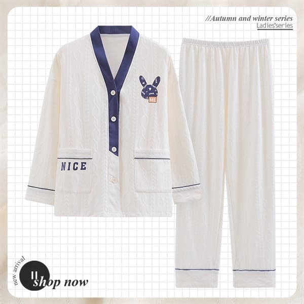 Bộ cotton dài tay cổ v - trắng viền xanh