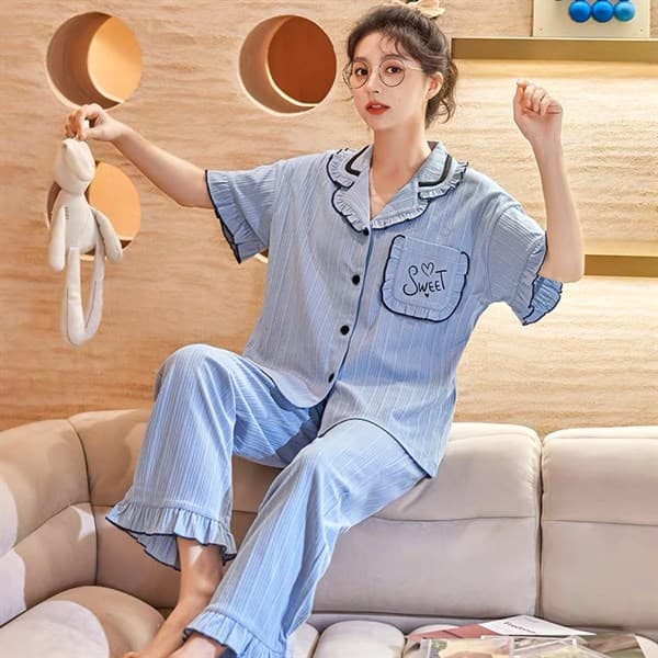 Bộ cotton áo cộc quần dài có cổ - xanh viền bèo 1834