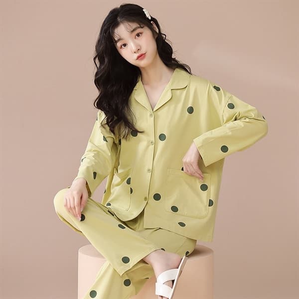 Bộ cotton dài tay có cổ xanh cốm chấm bi 66020