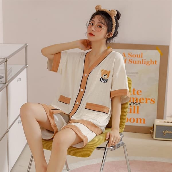 Bộ cộc cotton cổ chữ v gấu viền nâu 6634
